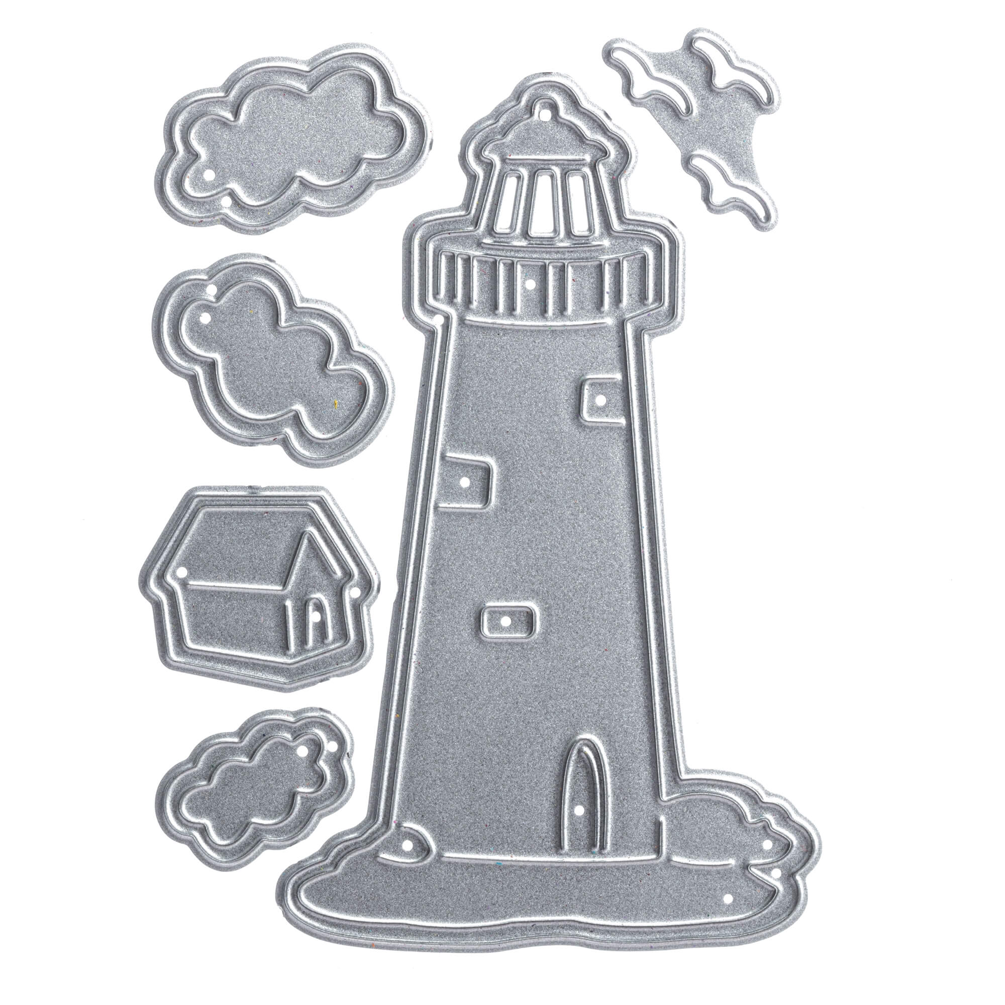 Gestanzte Formen für Scrapbooking von Stanzenshop.de-Stanzschablone: Leuchtturm mit Wolken - ein Leuchtturm, Wolken, Vögel und ein kleines Haus, wunderschön dargestellt auf weißem Hintergrund.