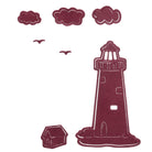 Die Stanzenshop.de "Stanzschablone: Leuchtturm mit Wolken" zeigt einen kastanienbraunen Leuchtturm, ein kleines Haus, Wolken und Vögel - ideal für Scrapbooking und kreative Projekte auf weißem Hintergrund.