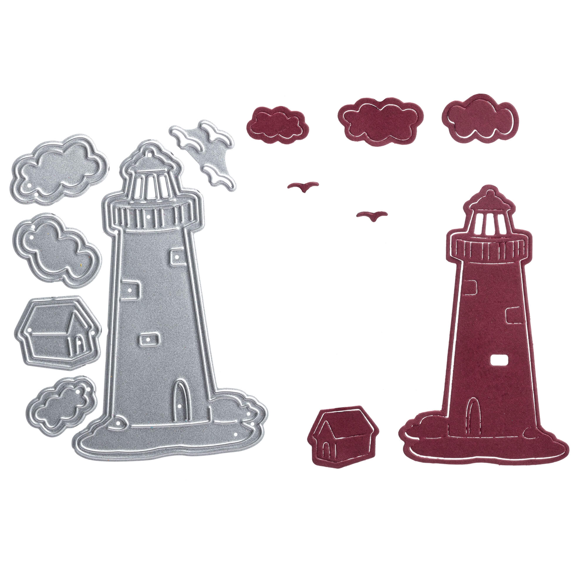Verleihen Sie Ihren Scrapbooks maritimes Flair mit den Stanzschablonen "Stanzschablone: Leuchtturm mit Wolken"-Metallstanzformen mit einem Leuchtturm, Wolken, Vögeln und einem kleinen Haus für kreative Akzente.