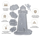 Die Stanzschablone von Stanzenshop.de: Leuchtturm mit Wolken enthält Metallstempel für einen Leuchtturm, Wolken und ein Haus. Sechs deutsche Icons mit Beschriftungen unterstreichen das kreative und organisierte Basteln für Scrapbooking.