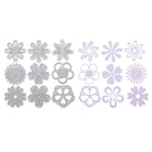 Auf der linken Seite: die Stanzschablone: Blümchen von Stanzenshop.de, rechts: passende helllilafarbene Scherenschnitte - beide fein säuberlich aufgereiht auf weißem Hintergrund, ideal für Ihre nächsten Bastelprojekte.