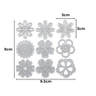 Neun silberne Stanzschablonen aus Metall: Blümchen Stanzschablonen von Stanzenshop.de, jeweils 3x3 cm im 3x3 Raster (Gesamtgröße: 9x9,3 cm), sind perfekt für Bastelprojekte und das Basteln mit Ihren Lieblingsblumenmotiven.
