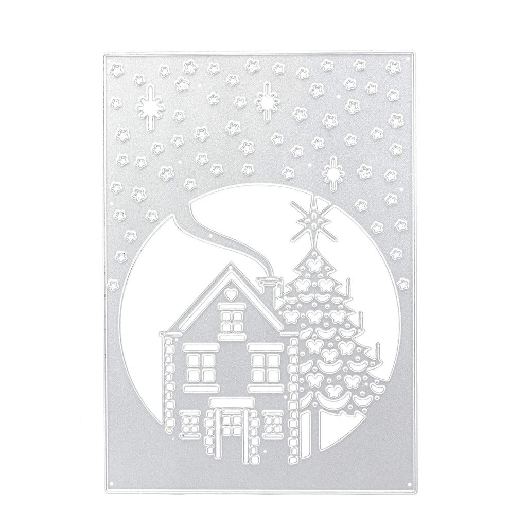 Eine festlich dekorierte weiße Stanzschablone: Weihnachtliches Haus mit Sternen Weihnachtskarte mit Haus und Schneeflocken von Stanzenshop.de.