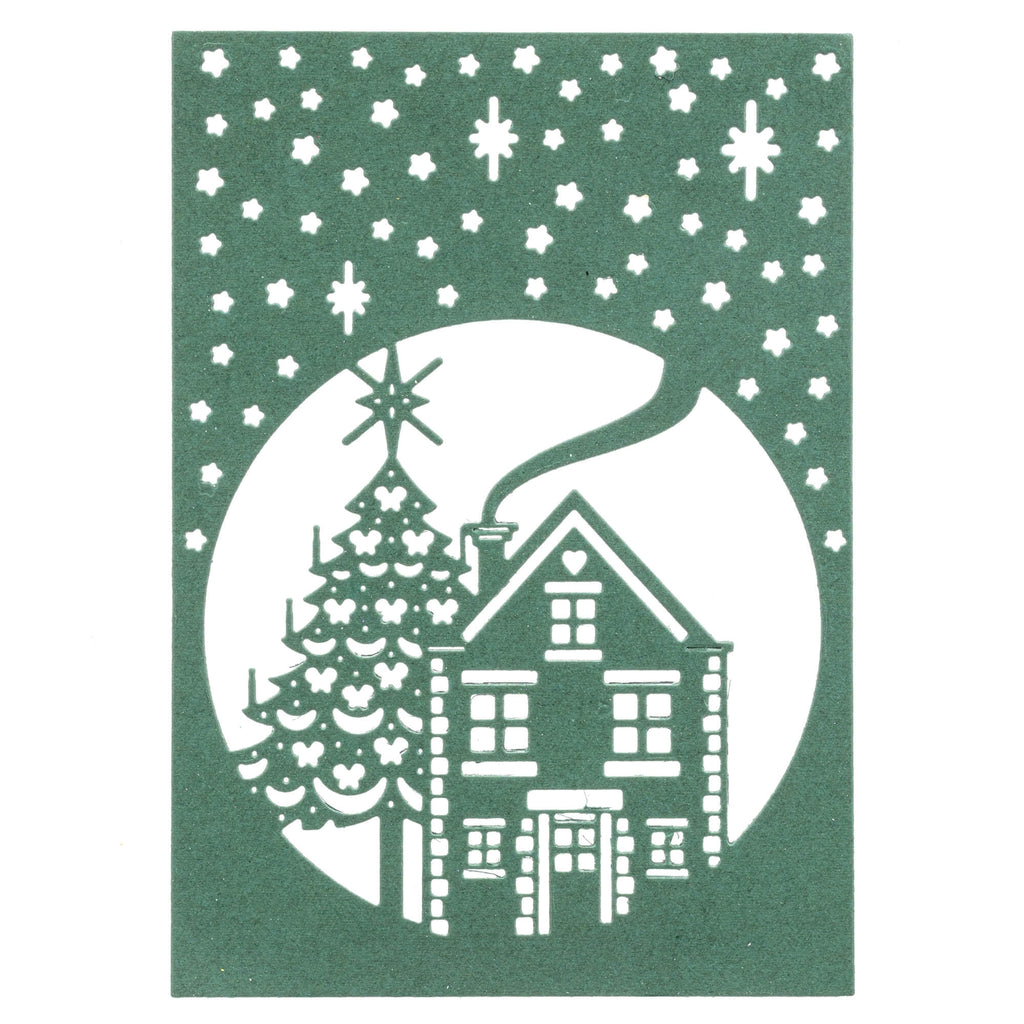 Eine Weihnachtskarte mit einer Stanzschablone: Weihnachtliches Haus mit Sternen von Stanzenshop.de und einem Baum.
