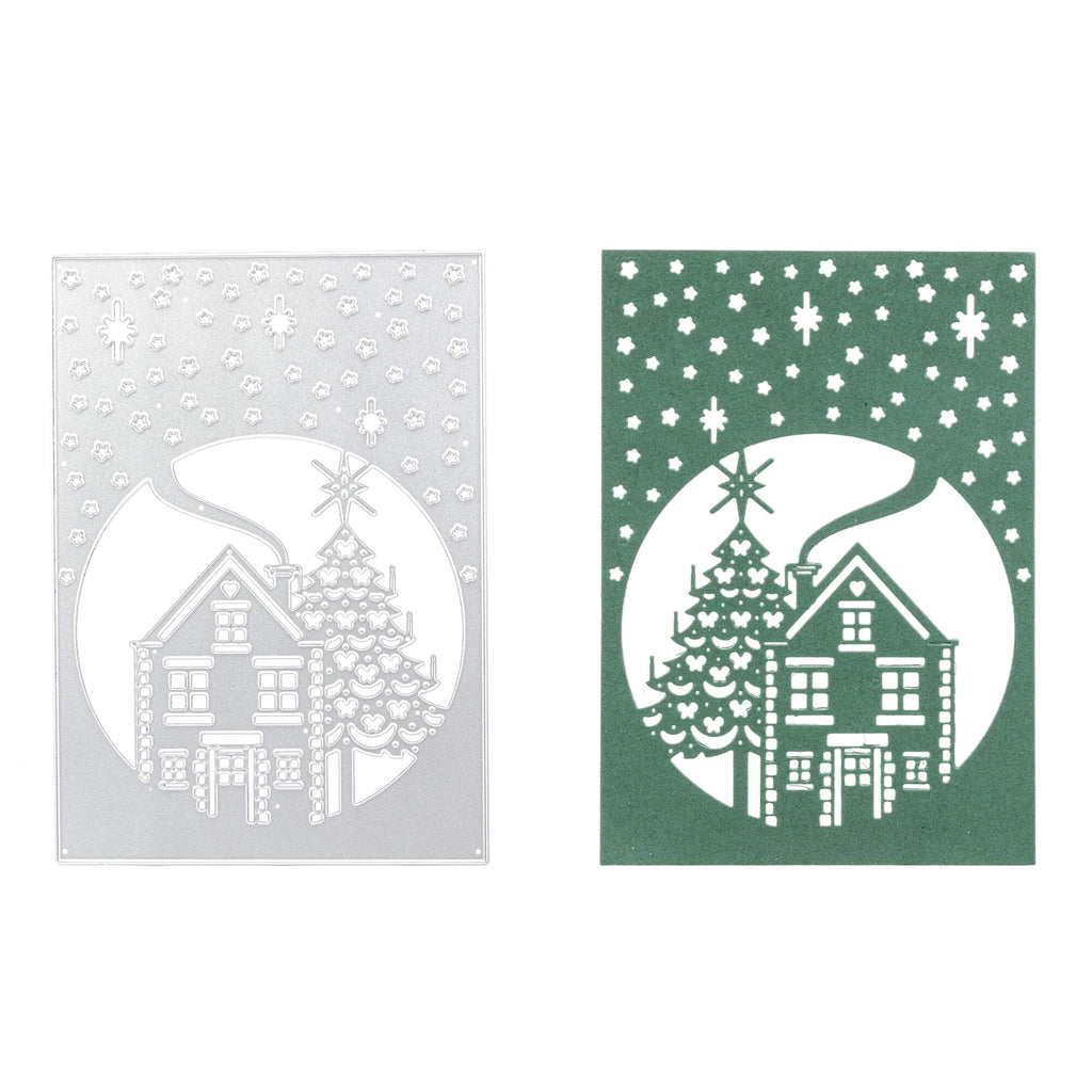 Zwei mit Stanzschablone verzierte Weihnachtsdekorationskarten: Weihnachtliches Haus mit Sternen mit einem Haus, einem Baum und der Marke Stanzenshop.de.