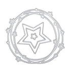 Die "Stanzschablone: Sternenkranz" von Stanzenshop.de ist eine silberne Stanze mit konzentrischen Sternen und einem sternverzierten Rand - ideal für Bastelprojekte und Scrapbooking.