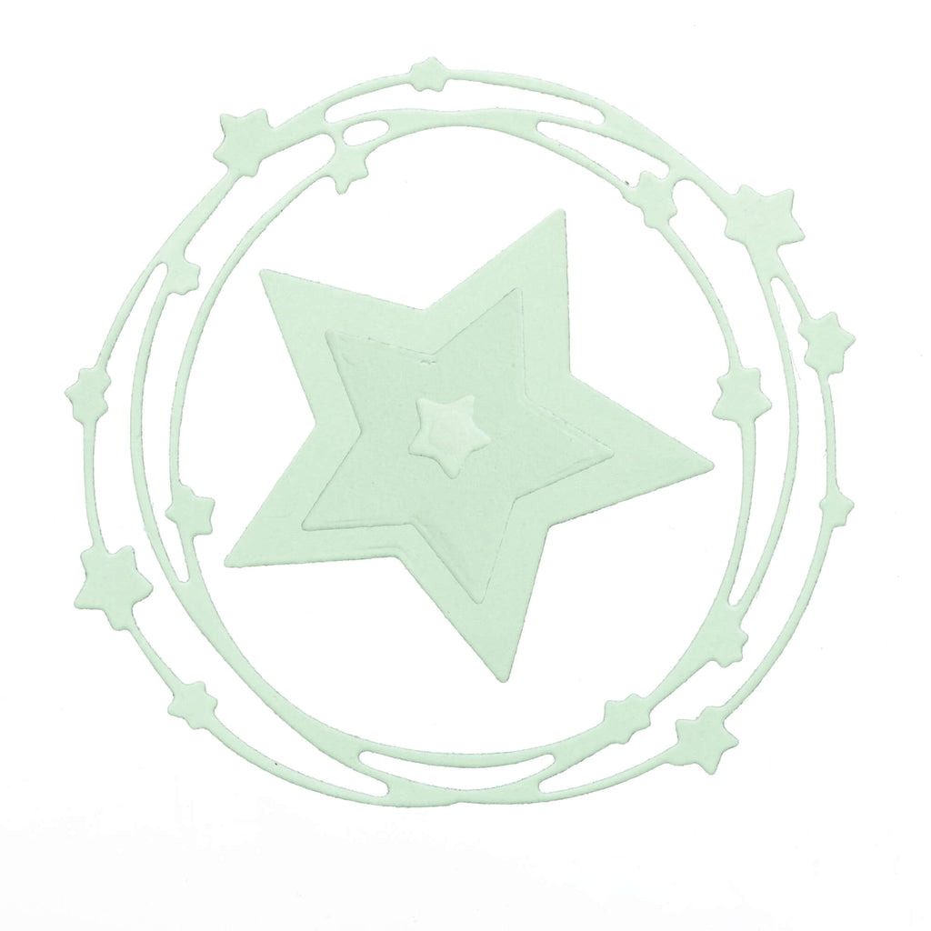 Eine grüne Stanzschablone: Sternenkranz von Stanzenshop.de, im Kreis auf weißem Hintergrund, perfekt für Bastelprojekte.
