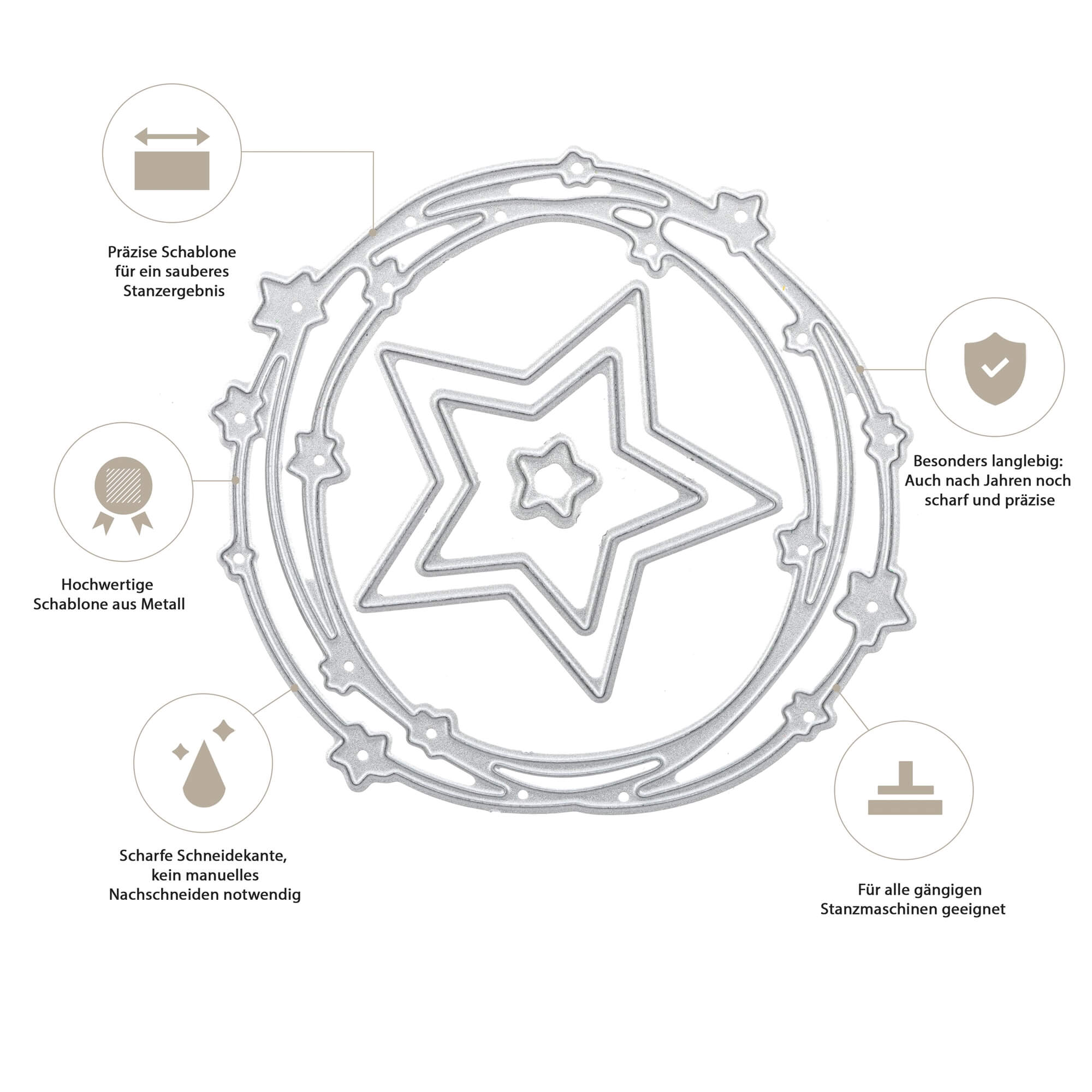 Die Stanzschablone: Sternenkranz von Stanzenshop.de bietet vier Stern- und Kreisstanzen aus Metall mit deutschem Text - ideal für Scrapbooking und Bastelprojekte. Genießen Sie präzises Schneiden, Haltbarkeit und Kompatibilität mit Standard-Stanzmaschinen.