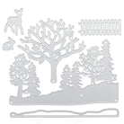 Die Stanzenshop.de Stanzschablone: Winterwald enthält silberne Stanzformen - Bäume, Rehe, Hasen, Zaun und Boden - perfekt für Bastelprojekte und die Gestaltung von zauberhaften Winterlandschaften auf Karten und Dekorationen.