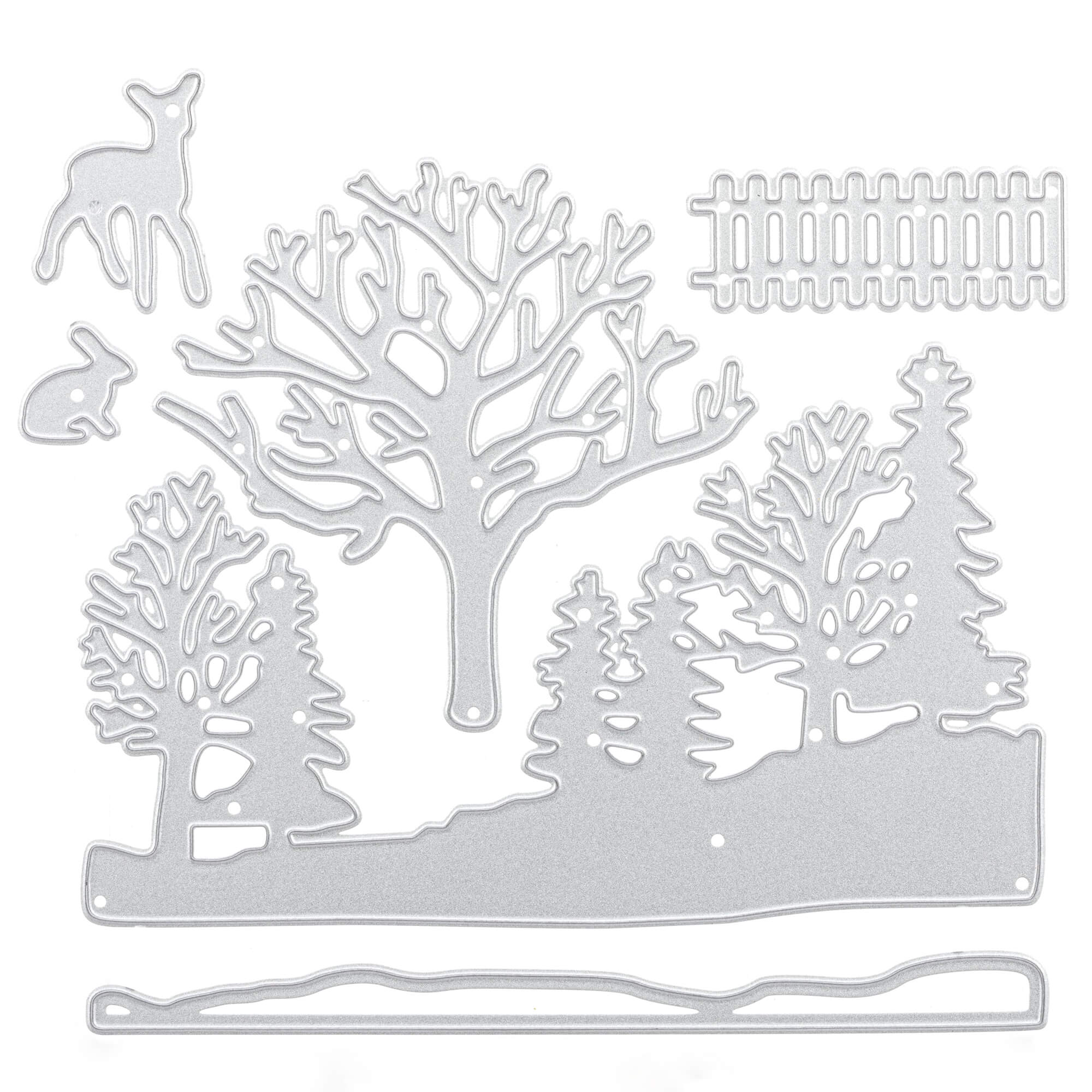 Die Stanzenshop.de Stanzschablone: Winterwald enthält silberne Stanzformen - Bäume, Rehe, Hasen, Zaun und Boden - perfekt für Bastelprojekte und die Gestaltung von zauberhaften Winterlandschaften auf Karten und Dekorationen.