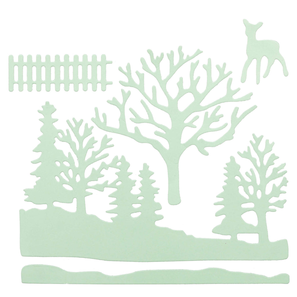 Silhouetten von Bäumen und einem Hirsch für Bastelprojekte zum Thema Winterwald von Stanzenshop.de
