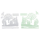 Zwei Sets von Stanzenshop.de Stanzschablone: Winterwald Metallstempel und ihre Ausschnitte - Bäume, Tiere, Zaun und Streifen - ideal für zauberhafte Winterszenen - sind nebeneinander auf weißem Hintergrund abgebildet.