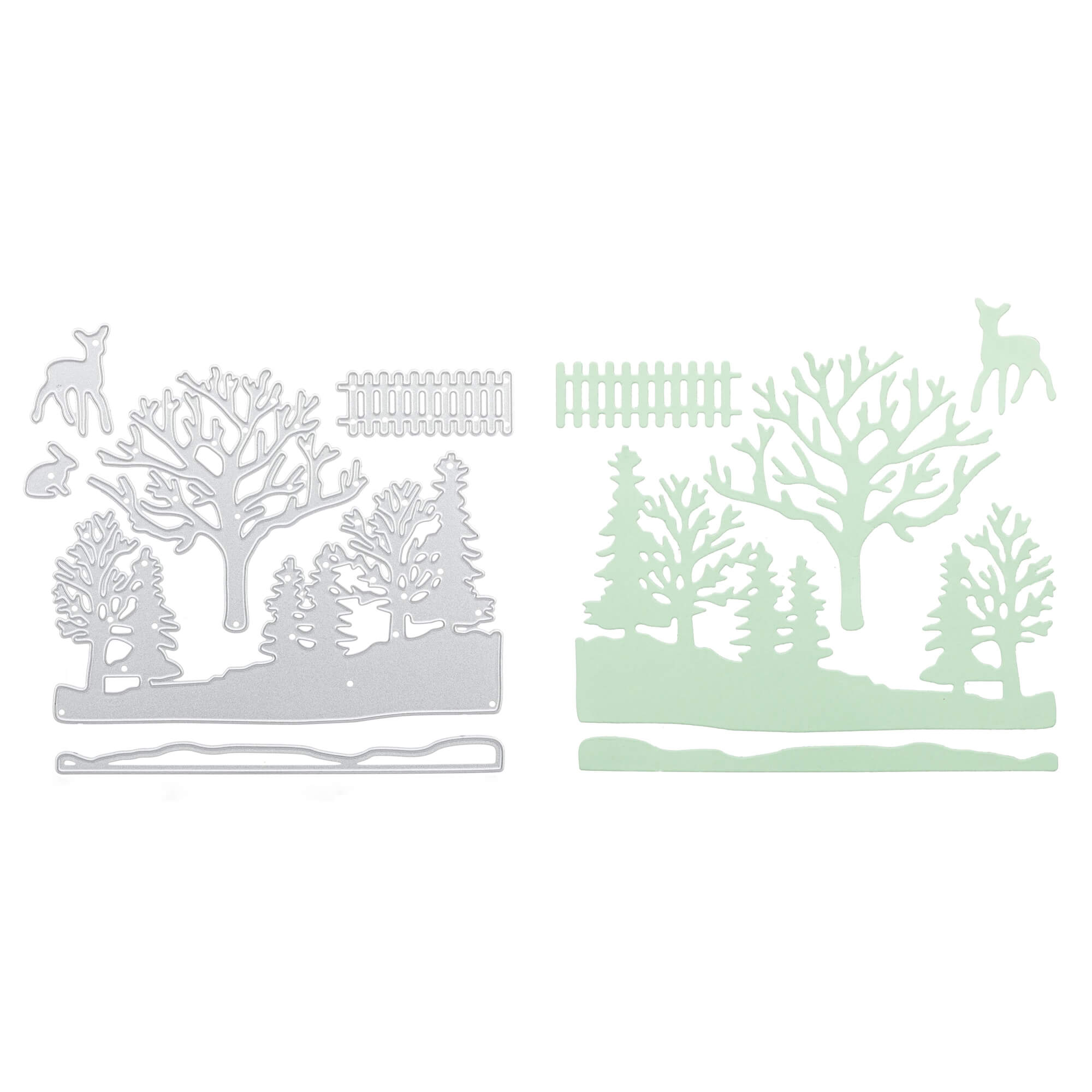 Zwei Sets von Stanzenshop.de Stanzschablone: Winterwald Metallstempel und ihre Ausschnitte - Bäume, Tiere, Zaun und Streifen - ideal für zauberhafte Winterszenen - sind nebeneinander auf weißem Hintergrund abgebildet.