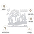 Das Stanzenshop.de Stanzschablone: Winterwald Set enthält Metallstempel von Bäumen, Rehen, Hasen und Zäunen - ideal für Winterlandschaften und Bastelprojekte. Beschreibende Icons und deutscher Text werden mitgeliefert.