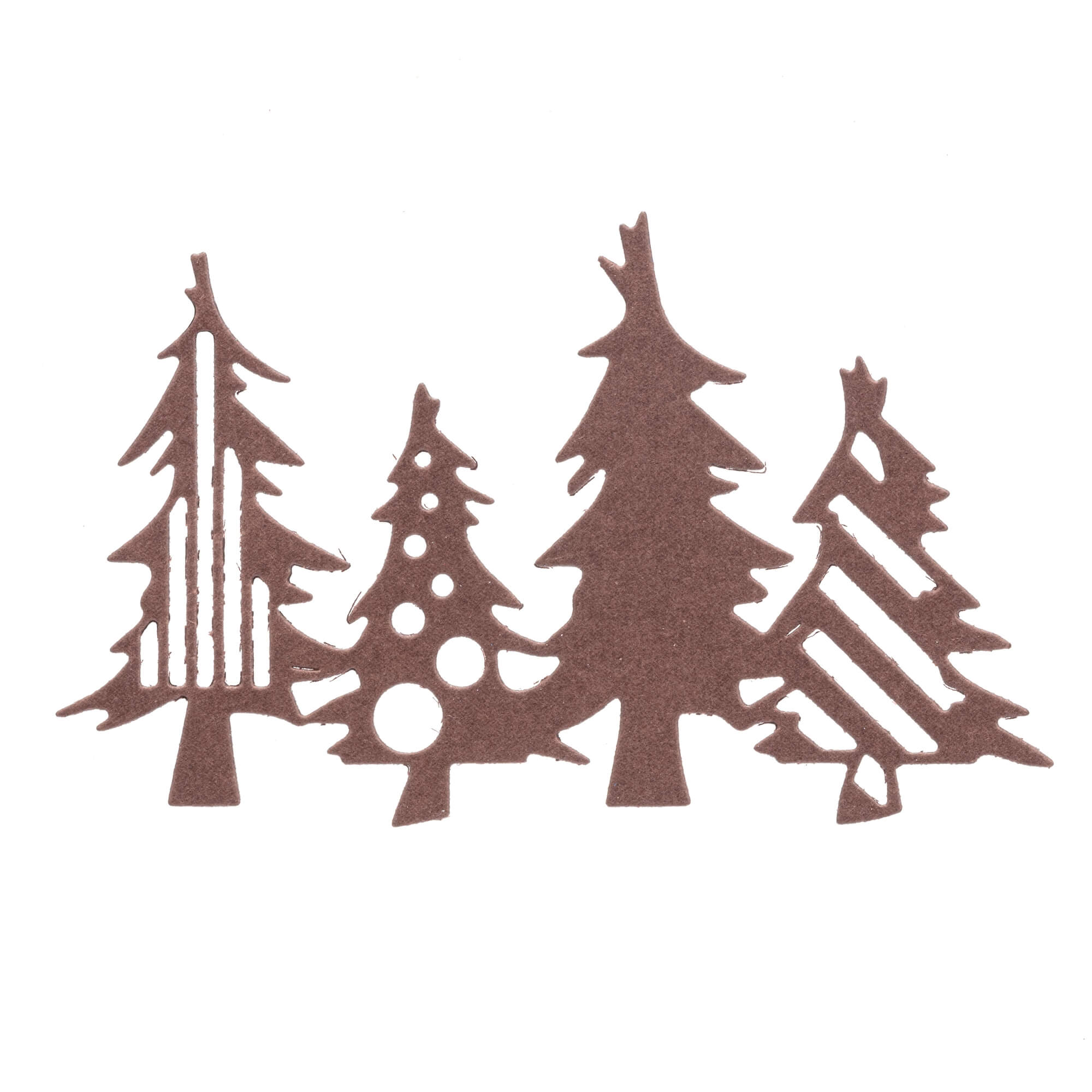 Die Stanzschablone: Tannenbäume von Stanzenshop.de zeigt eine braune Ausschnittillustration von vier stilisierten Tannenbäumen mit einzigartigen Mustern, ideal für Scrapbooking oder Weihnachtskarten Basteln auf weißem Hintergrund.