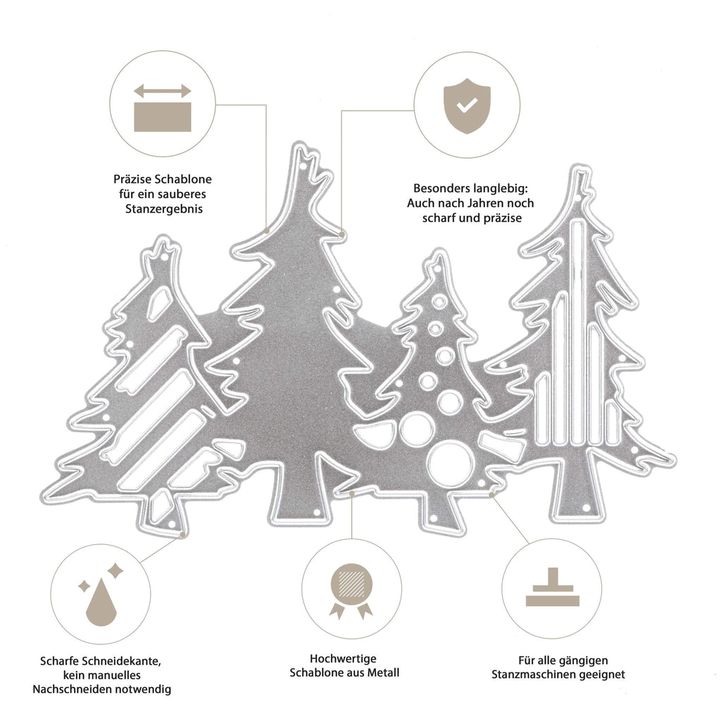 Ein Diagramm mit verschiedenen Arten von Tannenbäumen, ideal zum Erstellen von Weihnachtskarten mit Hilfe der Stanzschablone: Tannenbäume von Stanzenshop.de.