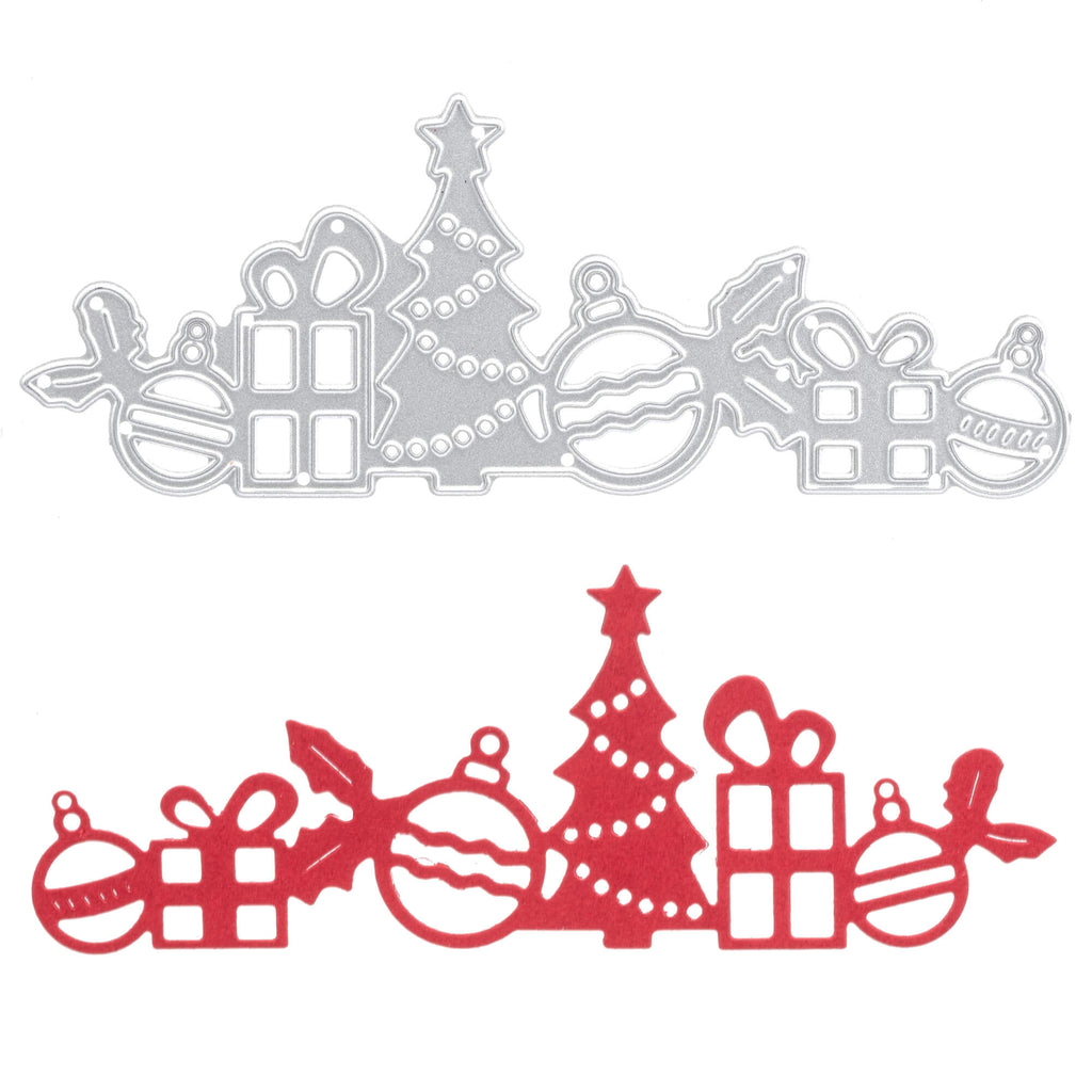 Weihnachtsschmuck und Geschenke auf weißem Hintergrund mit Stanzschablone: Geschenkband von Stanzenshop.de und Geschenkverpackungen.