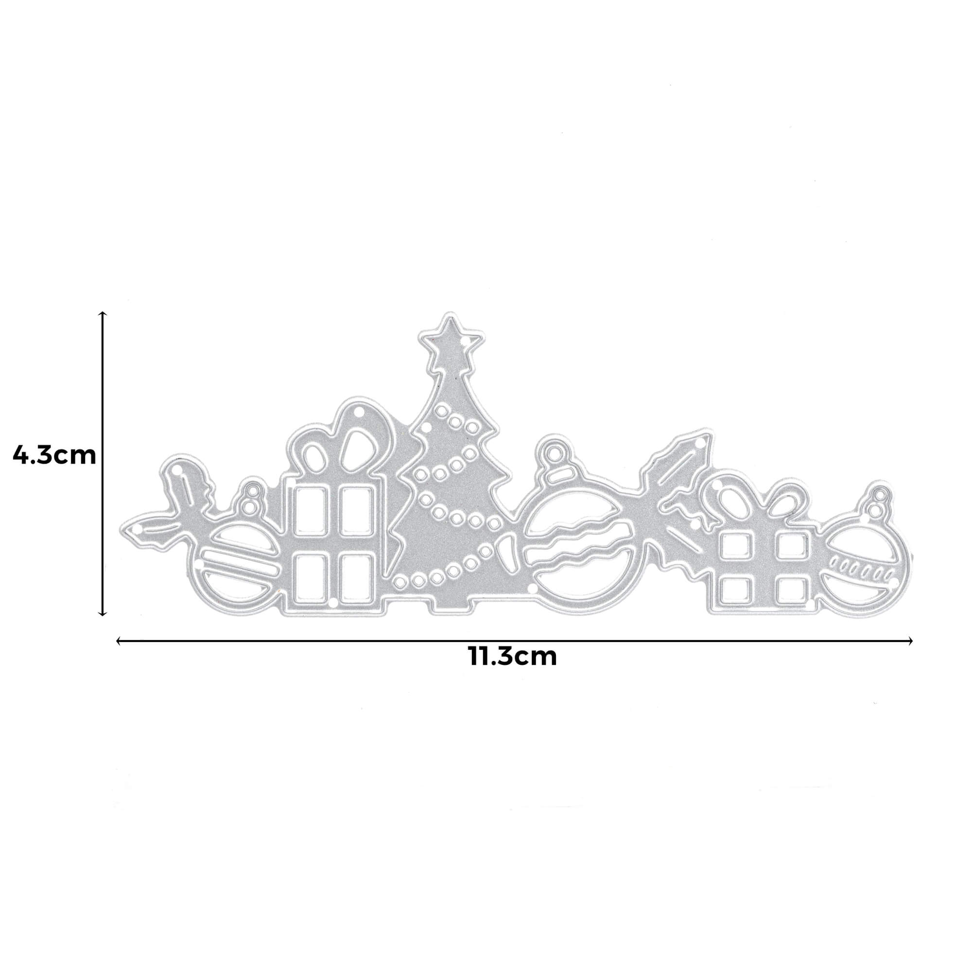 Die Stanzschablone: Geschenkband von Stanzenshop.de ist eine Metallstanze mit einem Weihnachtsbaum, Geschenken, Ornamenten und Stechpalmen - ideal für kreative Geschenkverpackungen. Größe: 4,3 cm x 11,3 cm.