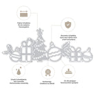 Die Stanzschablone: Geschenkband von Stanzenshop.de ist eine silberne Stanzschablone mit weihnachtlichen Motiven (Baum, Ornamente, Geschenke) und sechs Symbolen - perfekt für die kreative Geschenkverpackung oder die Gestaltung von Geschenkbändern.