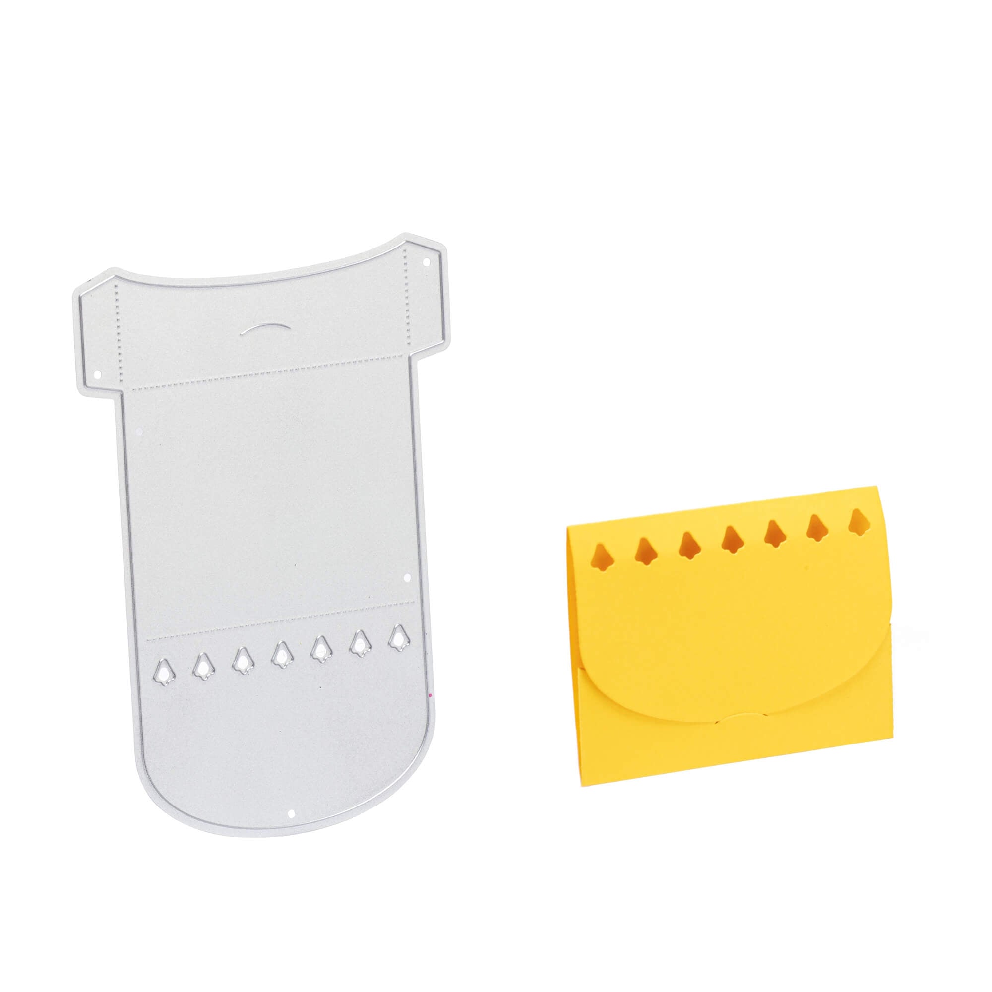 Die Stanzschablone "Umschlag mit Baum" von Stanzenshop.de ist neben einer gefalteten gelben Gutscheinverpackung abgebildet, die mit dieser dekorativen rechteckigen Stanze hergestellt wurde.