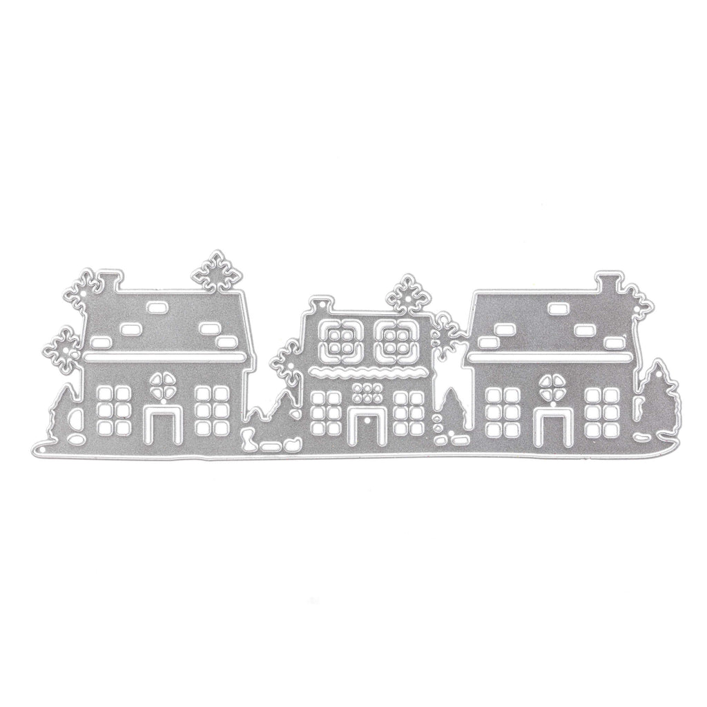 Ein kreativer Satz Stanzschablonen: Häuserreihe von Stanzenshop.de auf weißem Hintergrund.