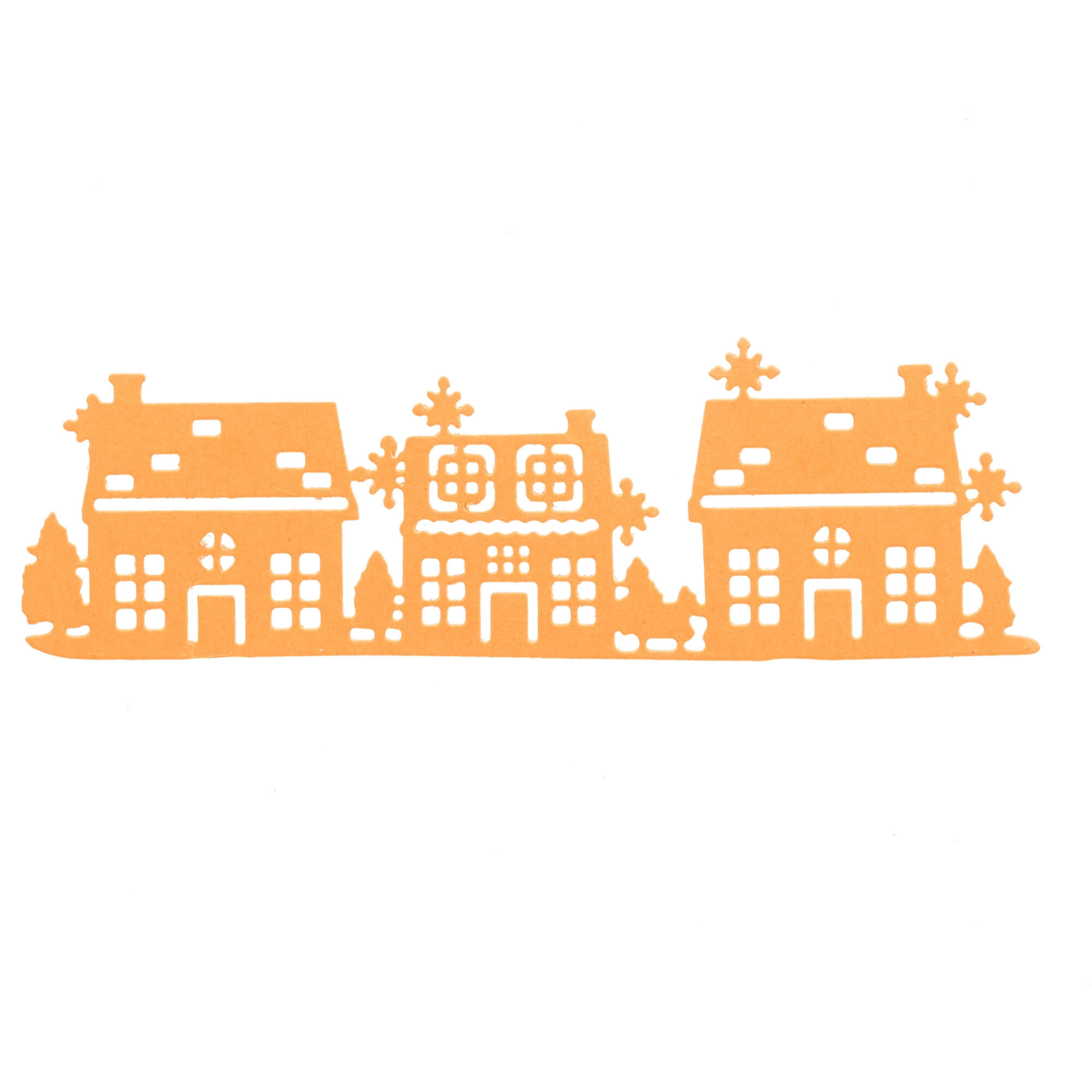 Die Stanzenshop.de Stanzschablone: Häuserreihe ist ein orangefarbener Papierausschnitt von drei Häusern mit Bäumen, ideal für Scrapbooking, Bastelprojekte oder als einzigartiges Gestaltungselement.