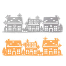 Die Stanzschablone von Stanzenshop.de: Häuserreihe enthält eine silberne Metallstanze und einen orangefarbenen Papierausschnitt, die beide drei stilisierte Häuser mit Bäumen zeigen - perfekt für Basteln oder Scrapbooking-Projekte.