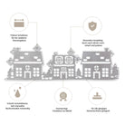 Die Stanzschablone: Häuserreihe von Stanzenshop.de ist eine hochwertige Stanzschablone aus Metall mit drei Häusermotiven und beschrifteten Symbolen, perfekt für Scrapbooking und Basteln, mit langlebigen, scharfen Klingen und stanzmaschinenfest.