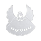 Die Stanzschablone: Engel von Stanzenshop.de ist eine silberne Engelsstanze mit ausgebreiteten Flügeln, einem abgerundeten Kleid und detaillierten Ausschnitten - ideal für Bastelprojekte oder Scrapbooking.