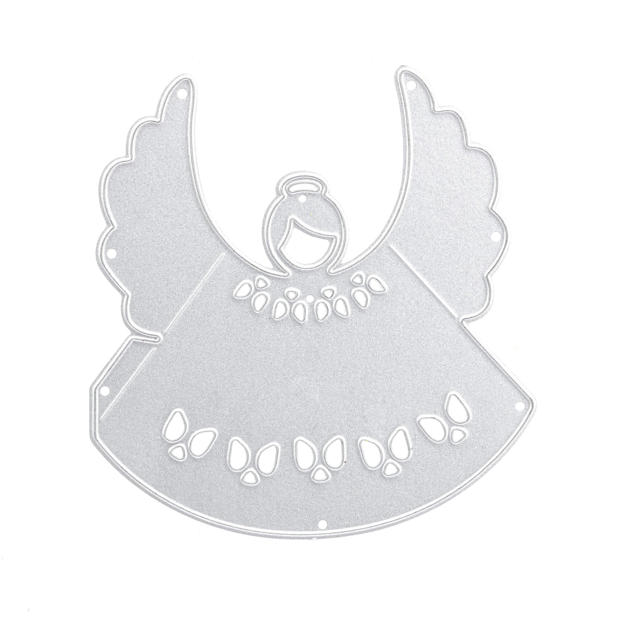 Die Stanzschablone: Engel von Stanzenshop.de ist eine silberne Engelsstanze mit ausgebreiteten Flügeln, einem abgerundeten Kleid und detaillierten Ausschnitten - ideal für Bastelprojekte oder Scrapbooking.