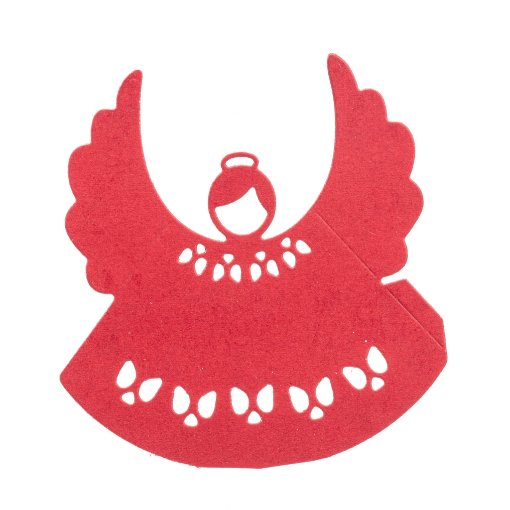 Ein roter Papierausschnitt in Form eines Engels mit Flügeln und Heiligenschein, mit komplizierten dekorativen Mustern auf Körper und Flügeln, bietet endlose kreative Gestaltungsmöglichkeiten für Ihre Bastelprojekte mit der Stanzschablone: Engel von Stanzenshop.de.