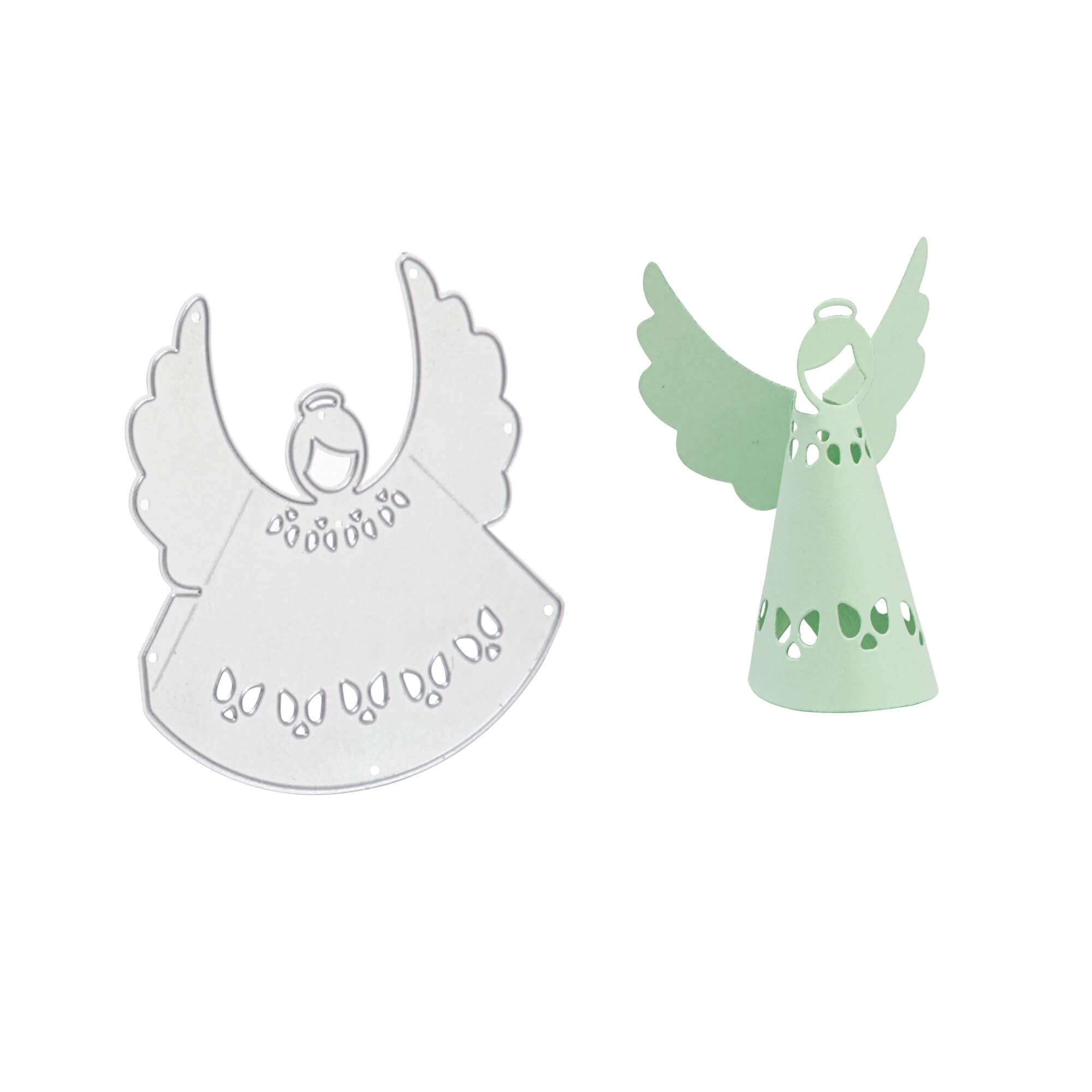 Eine flache Stanzschablone: Engel-Ausschnitt von Stanzenshop.de steht neben einem hellgrünen, zusammengesetzten 3D-Engel - beide aus dem gleichen Metallstück gefertigt und ideal für Bastelprojekte und Scrapbooking.