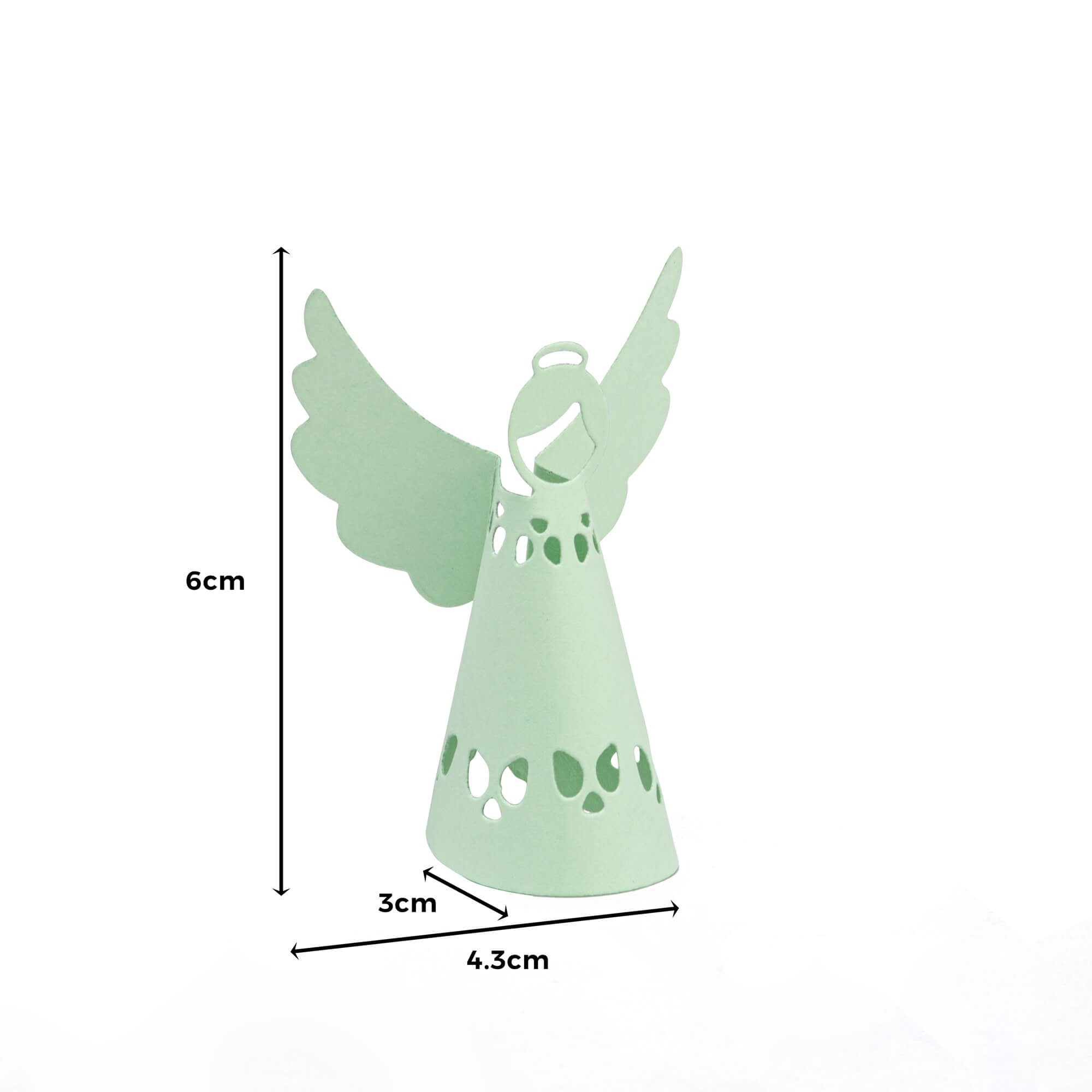 Die Stanzschablone: Engel von Stanzenshop.de ist ein hellgrüner Papier-Engel mit ausgeschnittenen Mustern, ideal für Bastelprojekte oder Scrapbooking. Sie ist 6 cm hoch, an der Basis 4,3 cm breit und 3 cm tief. Abgebildet mit beschrifteten Maßen.