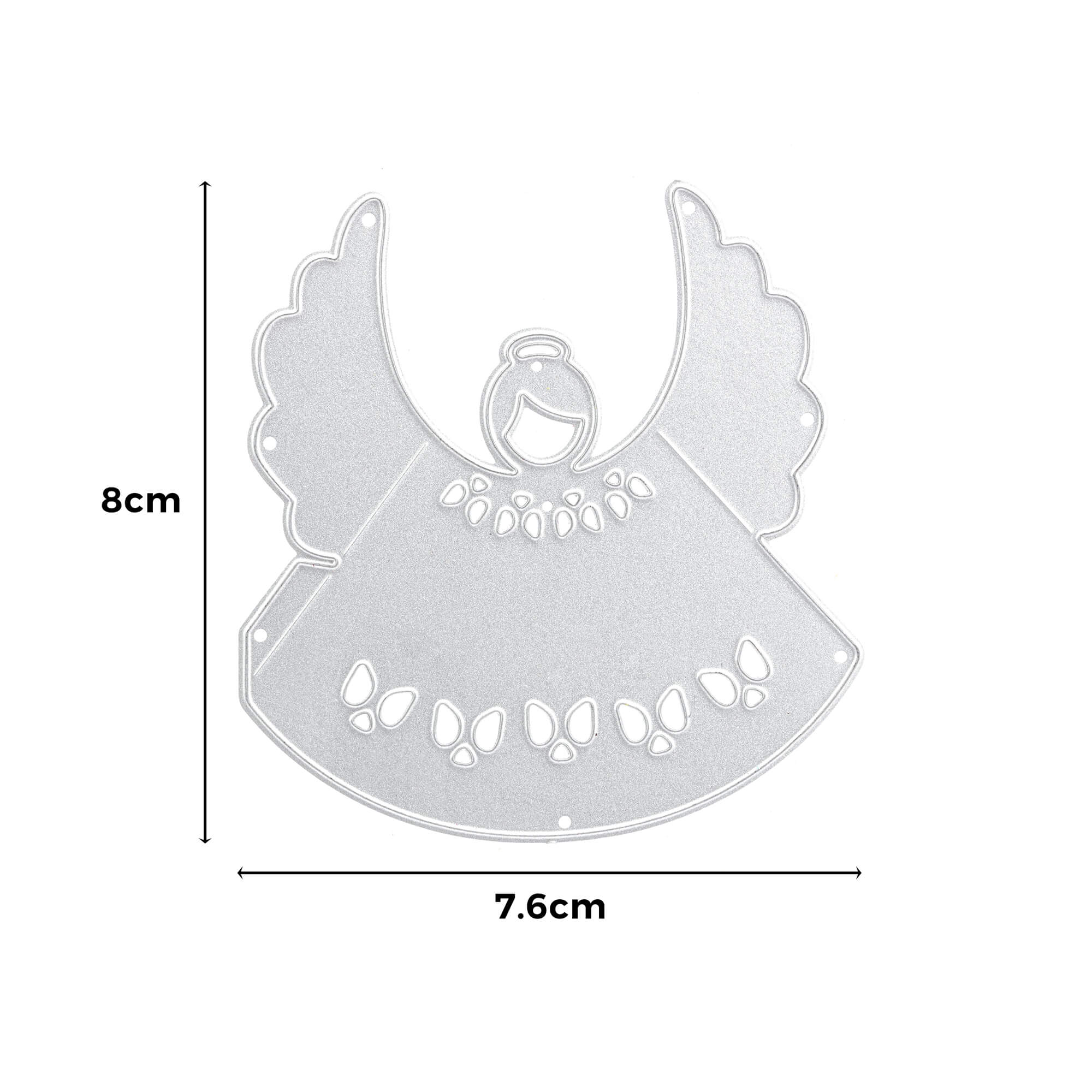 Die Stanzschablone: Engel von Stanzenshop.de misst 8 x 7,6 cm, besitzt dekorative Ausstanzungen und eignet sich ideal für Bastelprojekte oder Scrapbooking; abgebildet auf weißem Hintergrund.