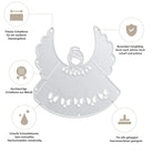 Eine Stanzschablone: Engel von Stanzenshop.de ist in der Mitte abgebildet, mit Sprechblasen, die die Schärfe, Haltbarkeit, das Metallmaterial und die Kompatibilität mit Stanzmaschinen beschreiben - perfekt für Bastelprojekte und Scrapbooking.