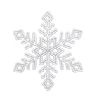 Die "Stanzschablone: Schneekristall" von Stanzenshop.de zeigt eine symmetrische sechszackige silberne Schneeflocke mit Rautenmustern auf jedem Zweig, ideal für Bastelprojekte Winter, auf weißem Hintergrund.