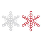 Zwei Schneekristall-Schneeflocken aus der Stanzschablone von Stanzenshop.de - eine silberne und eine rote - sind auf Weiß abgebildet und bieten perfekte Inspiration für winterliche Bastelprojekte.