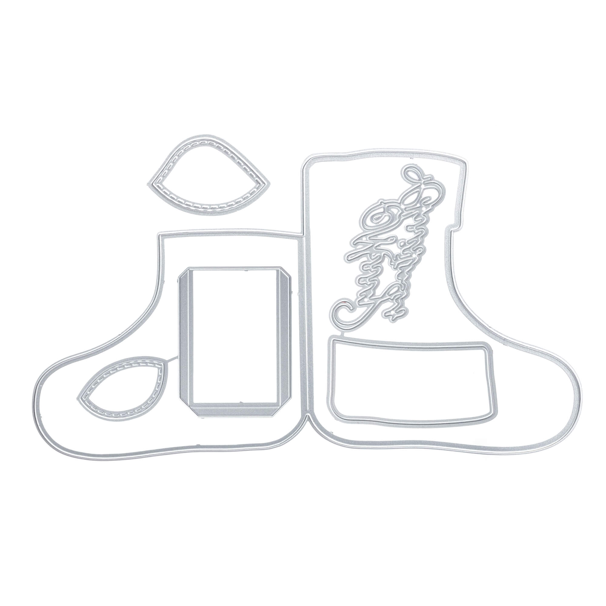 Stanzenshop.de's Stanzschablone: Stiefelumschlag plus zwei Blattstempel und ein Streifen sind auf Weiß abgebildet - ideal für Bastelprojekte Weihnachten oder zur Personalisierung von Geschenkverpackungen.