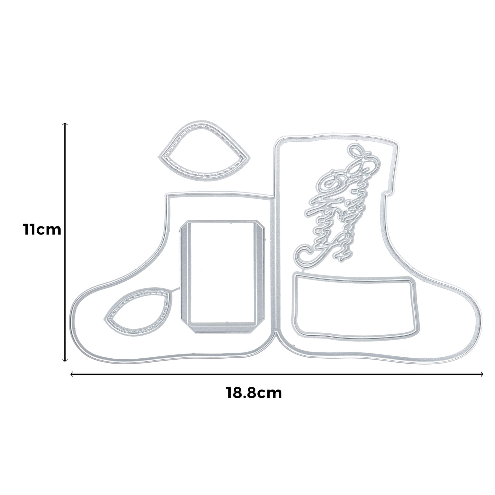 Die Stanzenshop.de Stanzschablone: Stiefelumschlag mit Stiefel- und Blattmetallstanzungen, ideal für Bastelprojekte oder Weihnachtsgeschenke. Größe: 11 cm x 18,8 cm. Ausgestellt auf Weiß mit Messlinien.