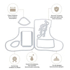 Schema der Stanzschablone: Stiefelumschlag von Stanzenshop.de-Metallstanzformen für Stiefelformen, mit Piktogrammen und deutschem Text zu Präzision, Haltbarkeit und Verträglichkeit - perfekt für Bastelprojekte Weihnachten und festliche Geschenkverpackungen.