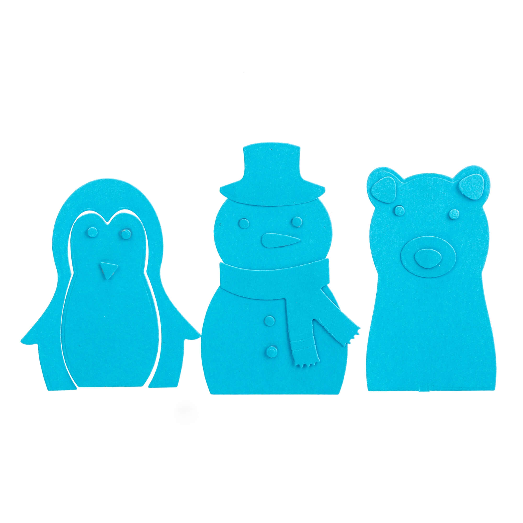 Die "Stanzschablone: Teddy, Schneemann, Pinguin" von Stanzenshop.de zeigt blaue Stanzformen - einen Teddybär, einen Schneemann mit Schal und Mütze und einen Pinguin - ideal für Bastelprojekte. Dargestellt auf weißem Hintergrund.