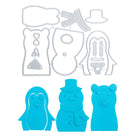 Die "Stanzschablone: Teddy, Schneemann, Pinguin" von Stanzenshop.de enthält Metallstempel und passende blaue Ausstanzungen von Teddybär, Schneemann und Pinguin mit detaillierten Konturen - ideal für kreative Bastelprojekte.