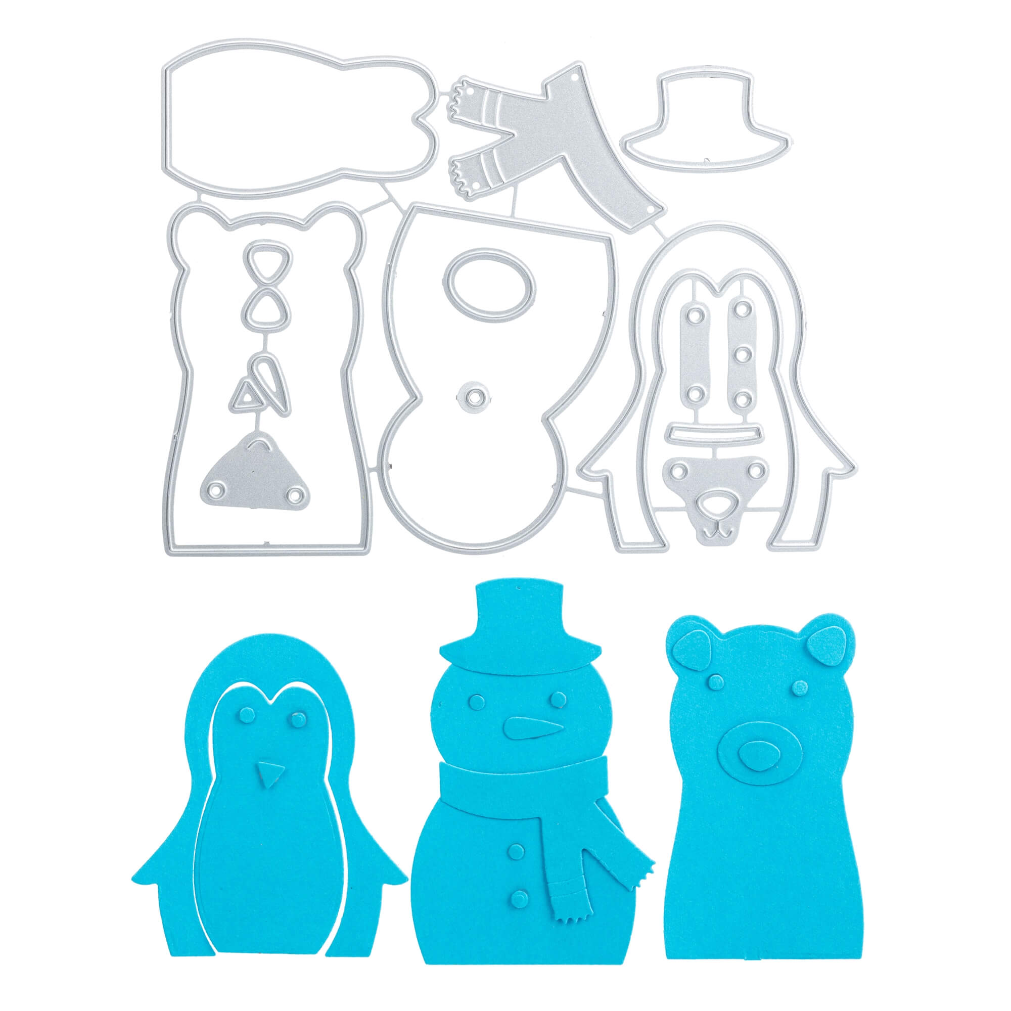 Die "Stanzschablone: Teddy, Schneemann, Pinguin" von Stanzenshop.de enthält Metallstempel und passende blaue Ausstanzungen von Teddybär, Schneemann und Pinguin mit detaillierten Konturen - ideal für kreative Bastelprojekte.