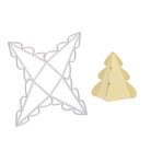 Die Stanzschablone: Tannenbaumschachtel von Stanzenshop.de und eine kleine, gelbe Geschenkverpackung in Baumform werden nebeneinander auf weißem Hintergrund gezeigt.