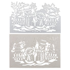 Die Stanzschablone: Schneemannfreunde von Stanzenshop.de enthält zwei detailreiche Motive mit drei Schneemännern samt Schal und Mütze, Holzzaun, Bäumen und Schneeflocken - eines in Silber, das andere in Braun. Ideal für Bastelprojekte!.