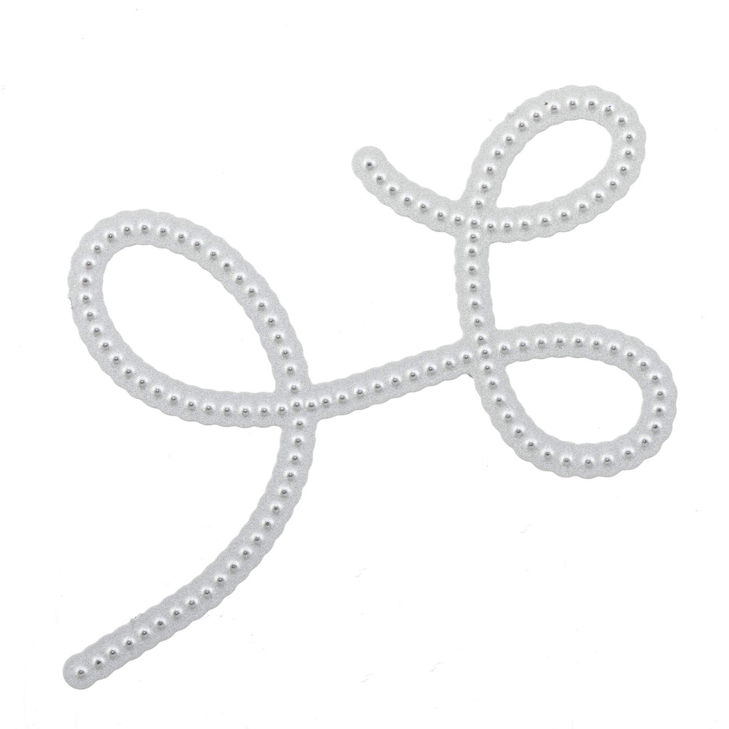 Eine Drache Stanzschablone von Stanzenshop.de, weiß und in Form eines Buchstabens J mit Perlen auf weißem Hintergrund, perfekt für Bastelprojekte.