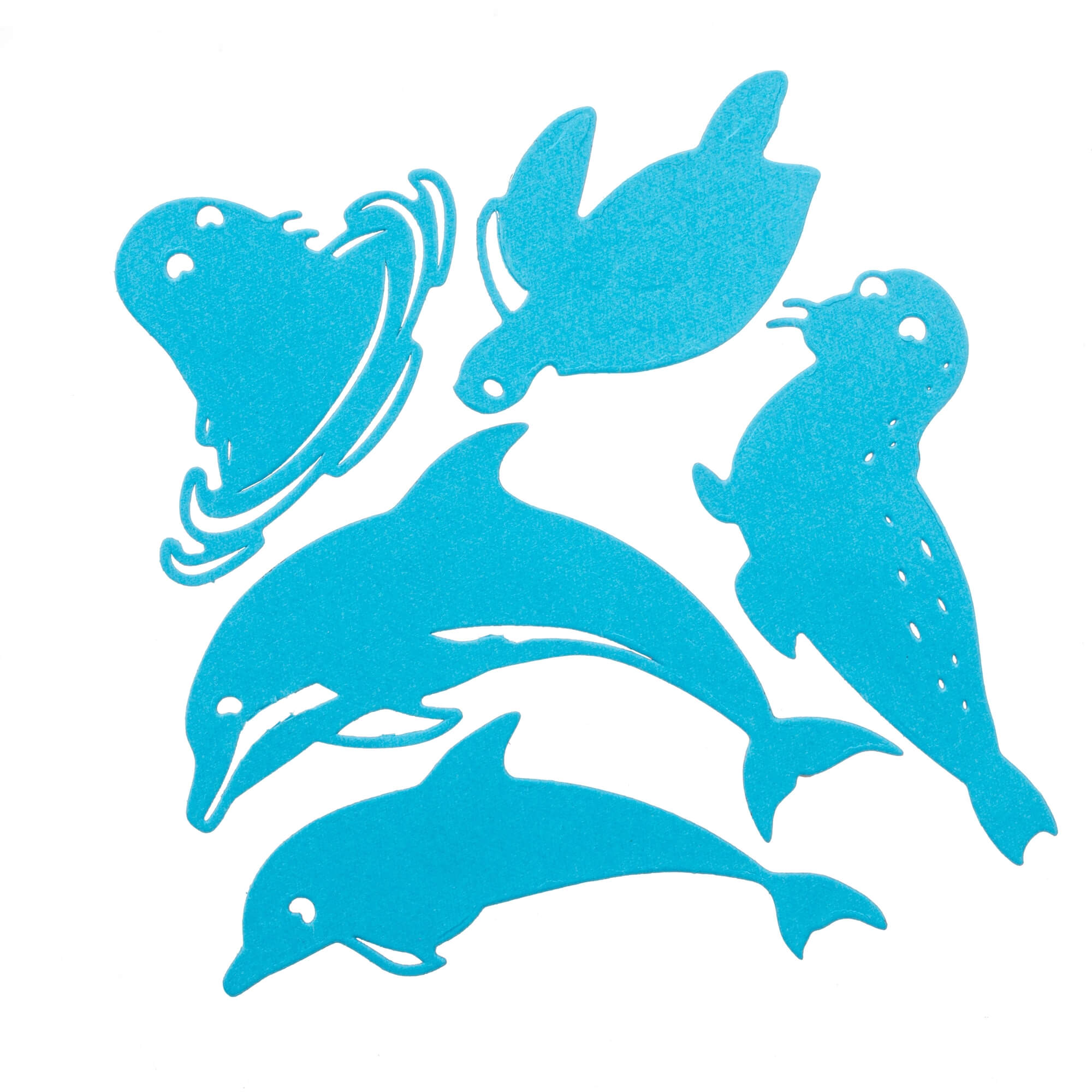 Fünf blaue Meerestiere - Delfin, Wal, Schildkröte, Robbe und Walross - von Stanzenshop.de sind auf Weiß angeordnet. Ideal für maritime Bastelprojekte oder Scrapbooking. Produkt: Stanzschablone: Meerestiere.