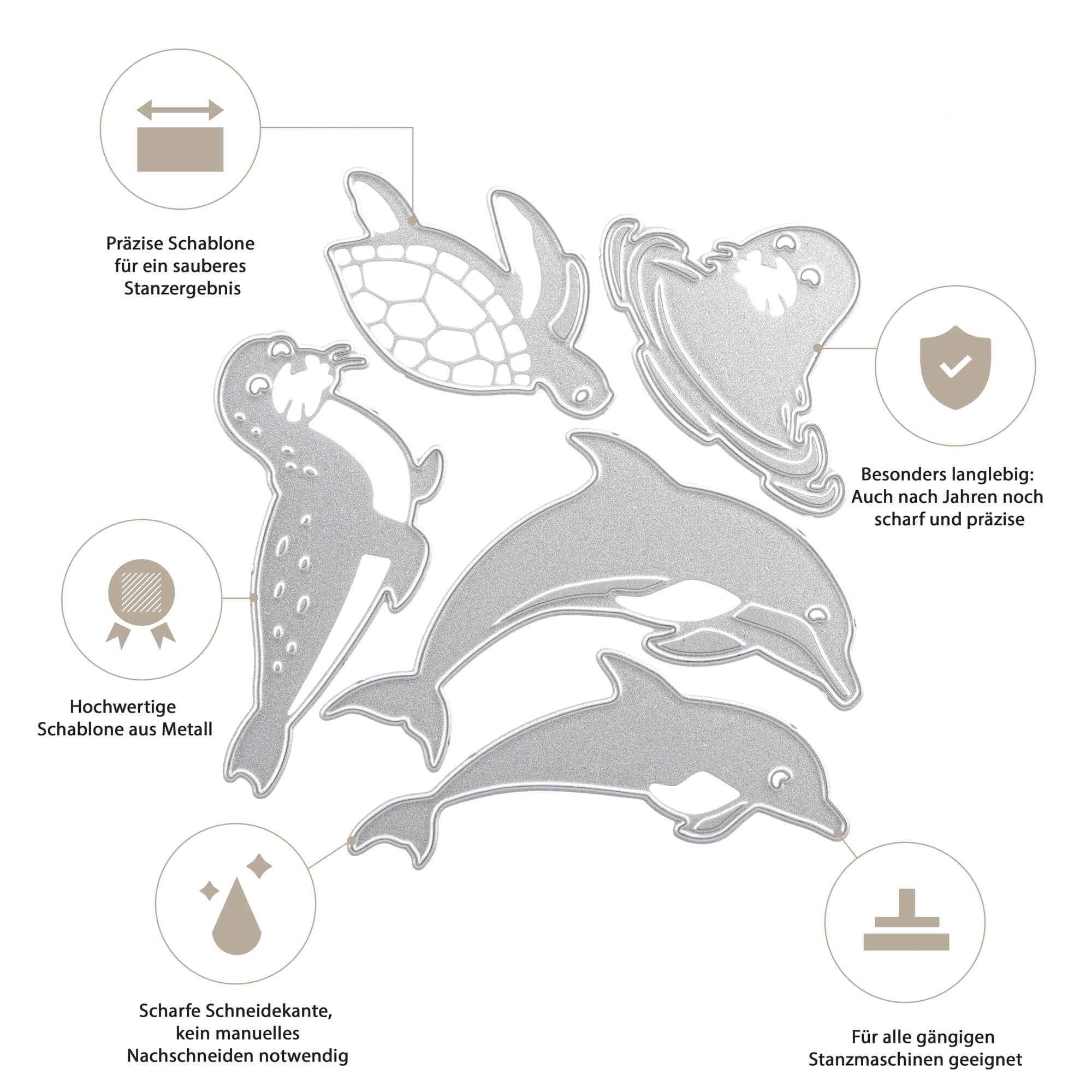 Die Stanzschablone "Meerestiere" von Stanzenshop.de ist ideal für Bastelprojekte oder um Scrapbooking-Kreationen einen maritimen Akzent zu verleihen.