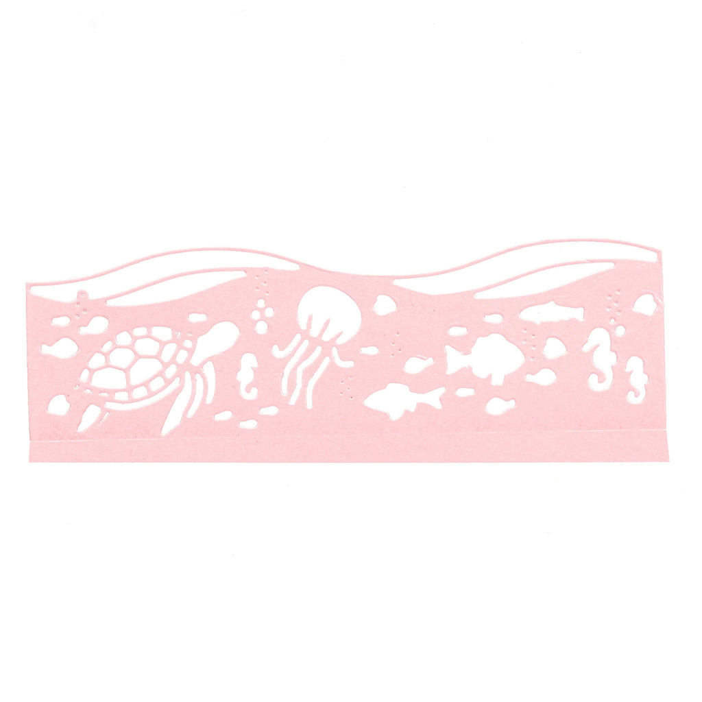 Ein rosa Hintergrund mit Meerestieren und Fischen in einer Unterwasserwelt, mit der Stanzschablone: Meeresband von Stanzenshop.de.