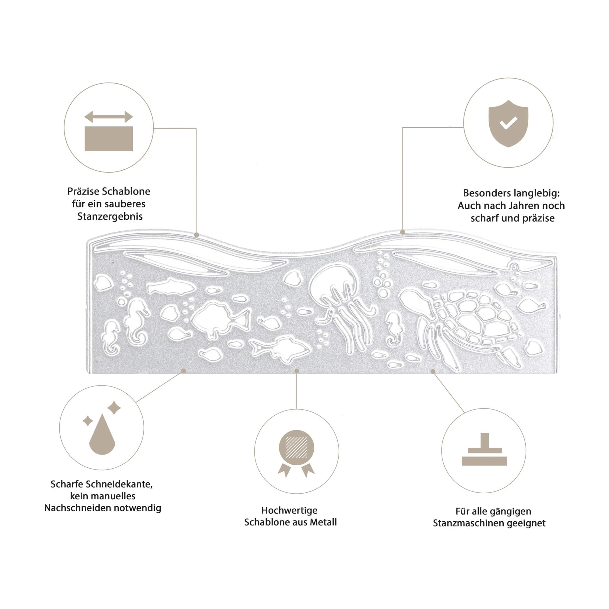 Die Stanzschablone: Meeresband von Stanzenshop.de bietet präzise, langlebige Formen zum Thema Meer - perfekt für Scrapbooking und Bastelprojekte. Hochwertig und scharf, ist sie mit den meisten Maschinen kompatibel.